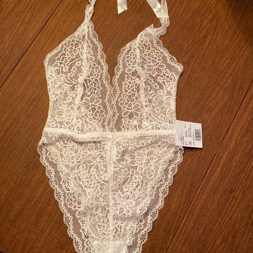 David's Bridal White Lace Bodysuit
